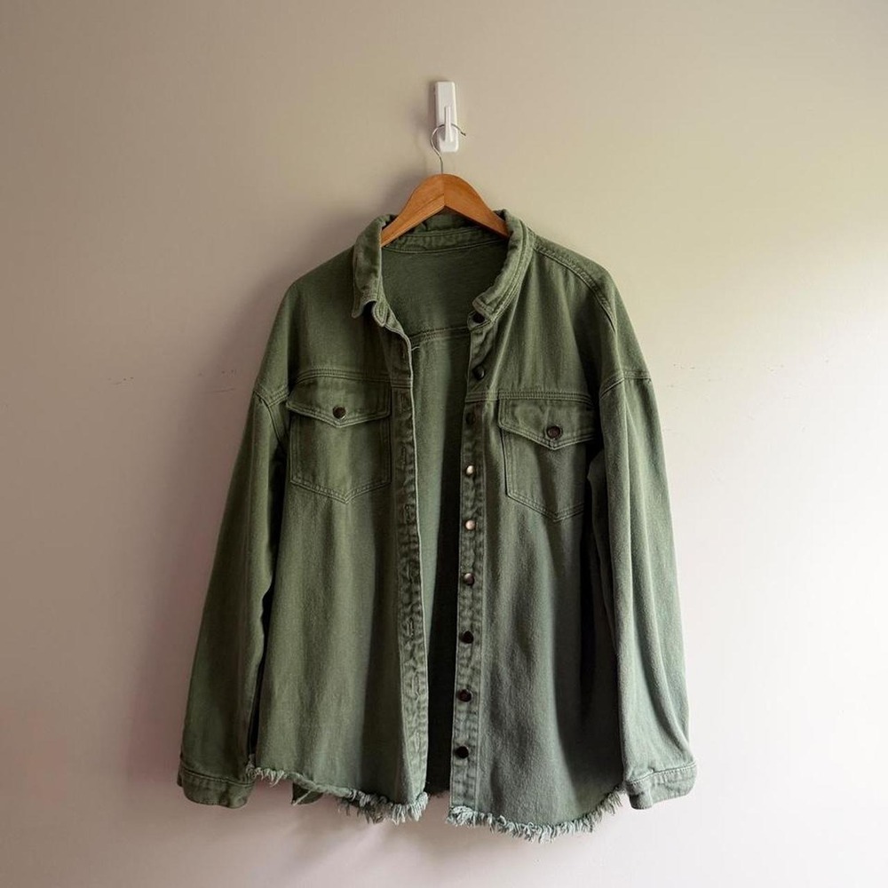 Olive Green Oversized Distressed Denim Jacket XL | Utility Grunge Fall Layering